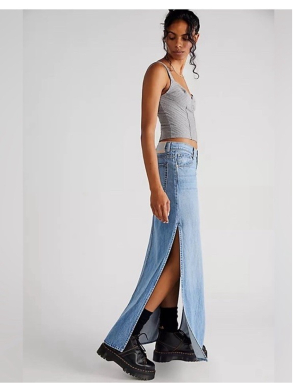 NEW Mother The Fun Dip Slice Denim Maxi Skirt 29 Blue Long Western Festival